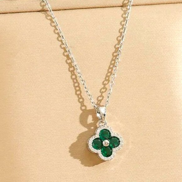 PINK LEMONADE JEWELRY Jewelry - WHITE GOLD DIPPED QUATREFOIL NECKLACE SURROUNDED BY CZ'S & A GREEN ENAMEL CENTER